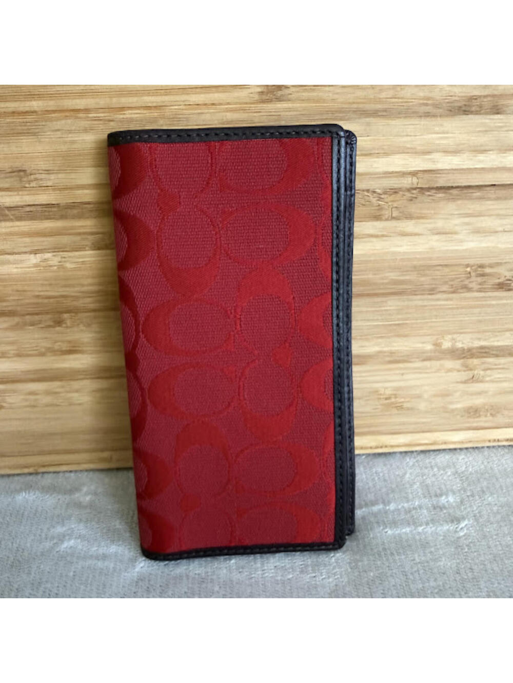 Coach Vintage Signature C Jacquard Long Wallet Checkbook Cover Red Brown Trim